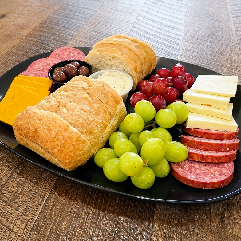bread, fruit, cheese, salami